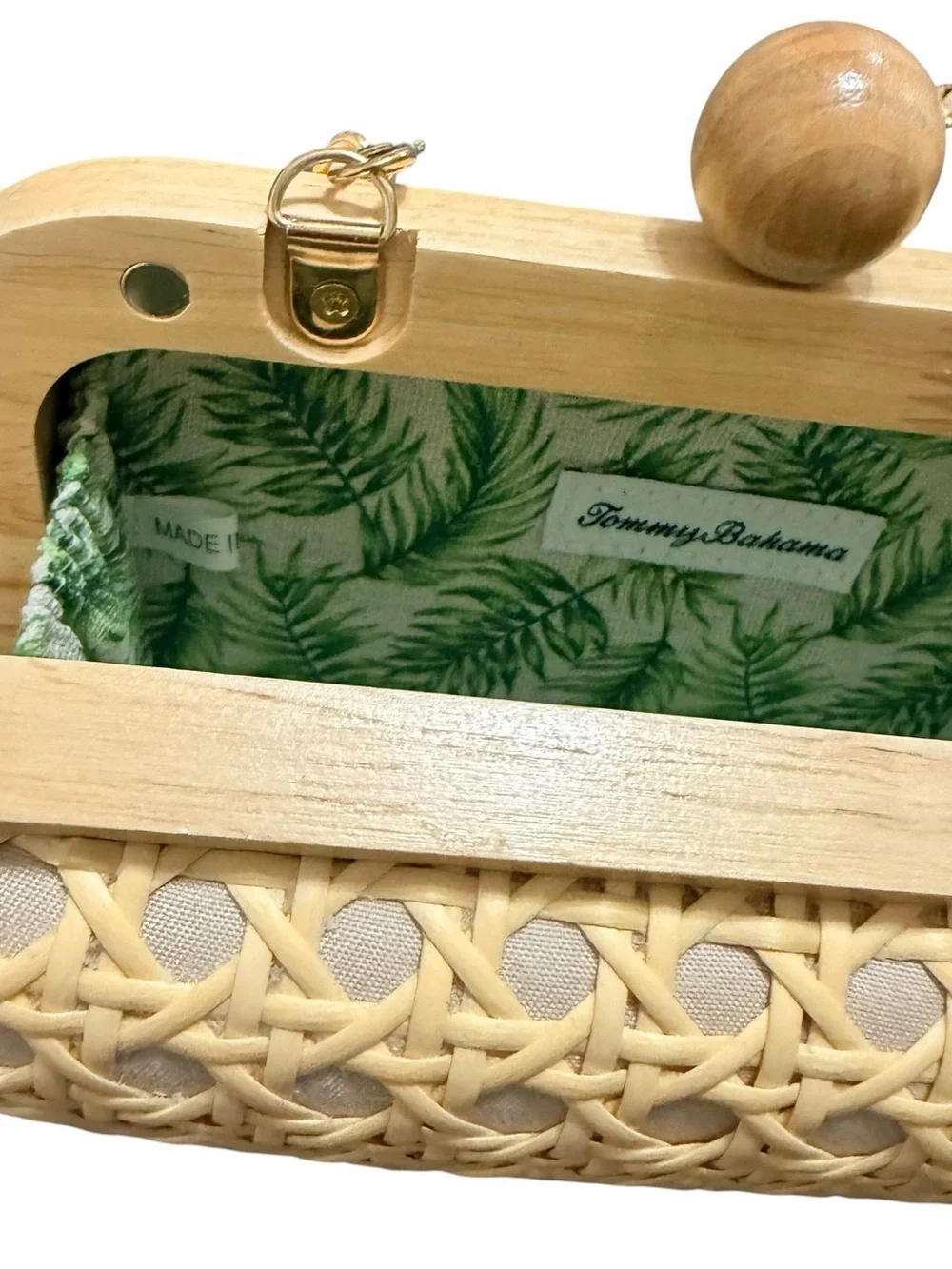 Tommy Bahama Natural Rattan Wicker Clutch Crossbody Bag Wooden Frame NWT